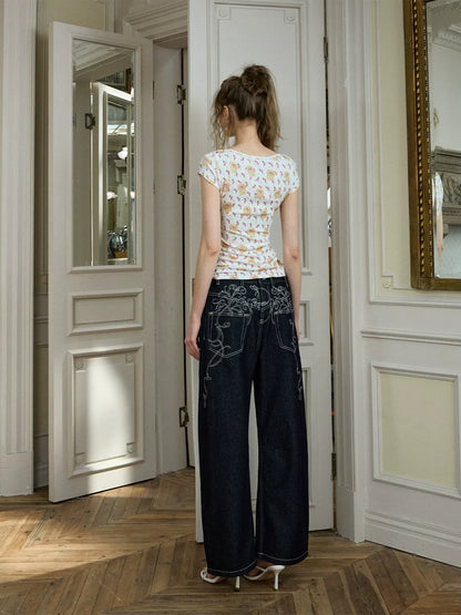 Embroidered Wide-Leg Jeans