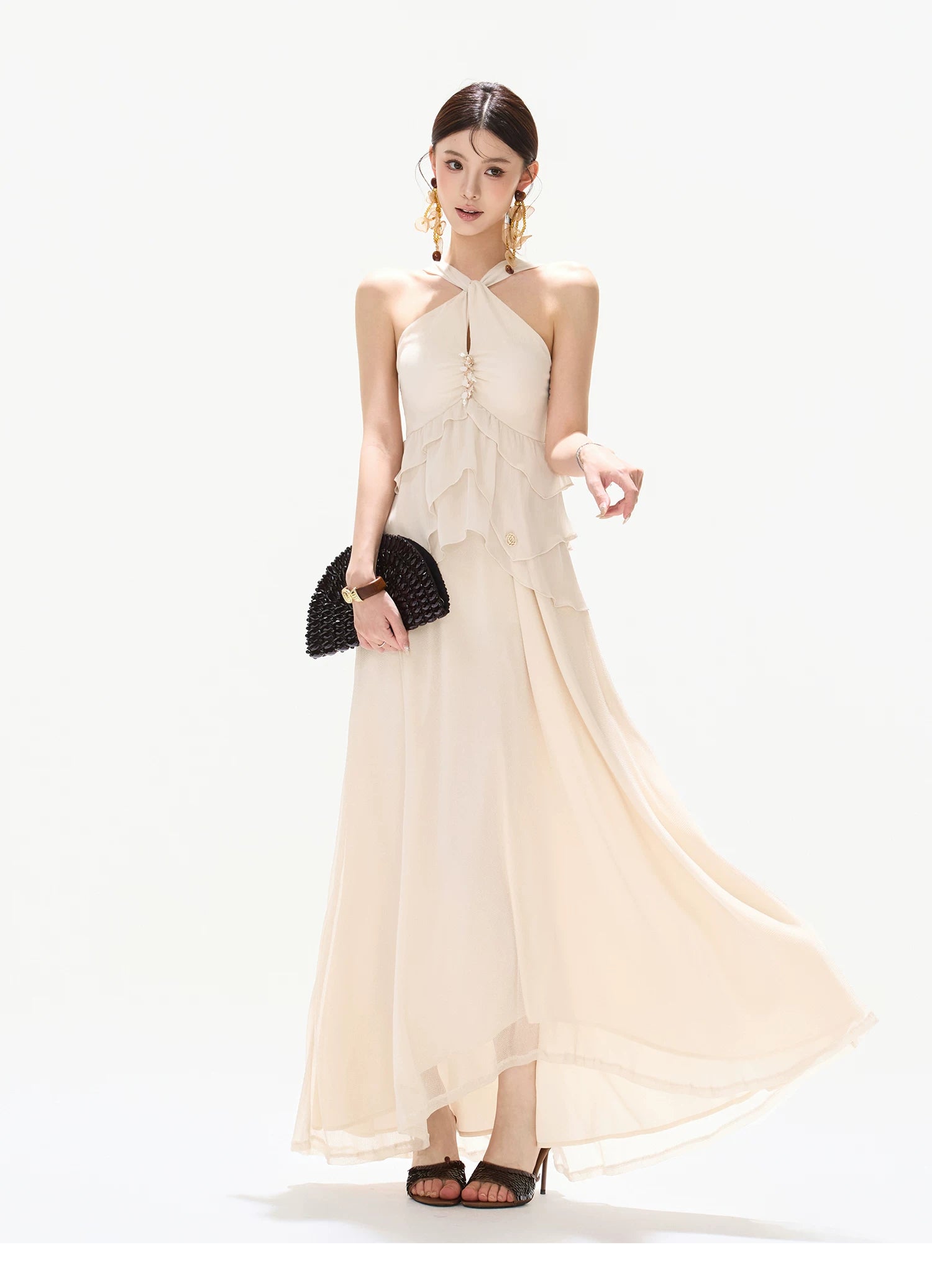 Flowing Halter Rhinestone Chiffon Long Dress