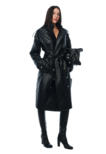 PU Leather Belted Trench Coat