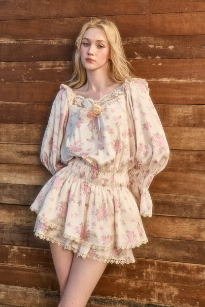 Floral Lace Puff-Sleeve Dress Set