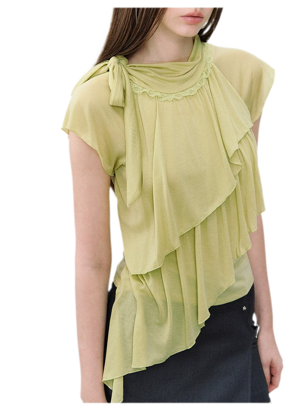 Ruffle Tie-Neck Tencel Short Sleeve Top