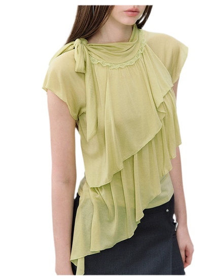 Ruffle Tie-Neck Tencel Short Sleeve Top