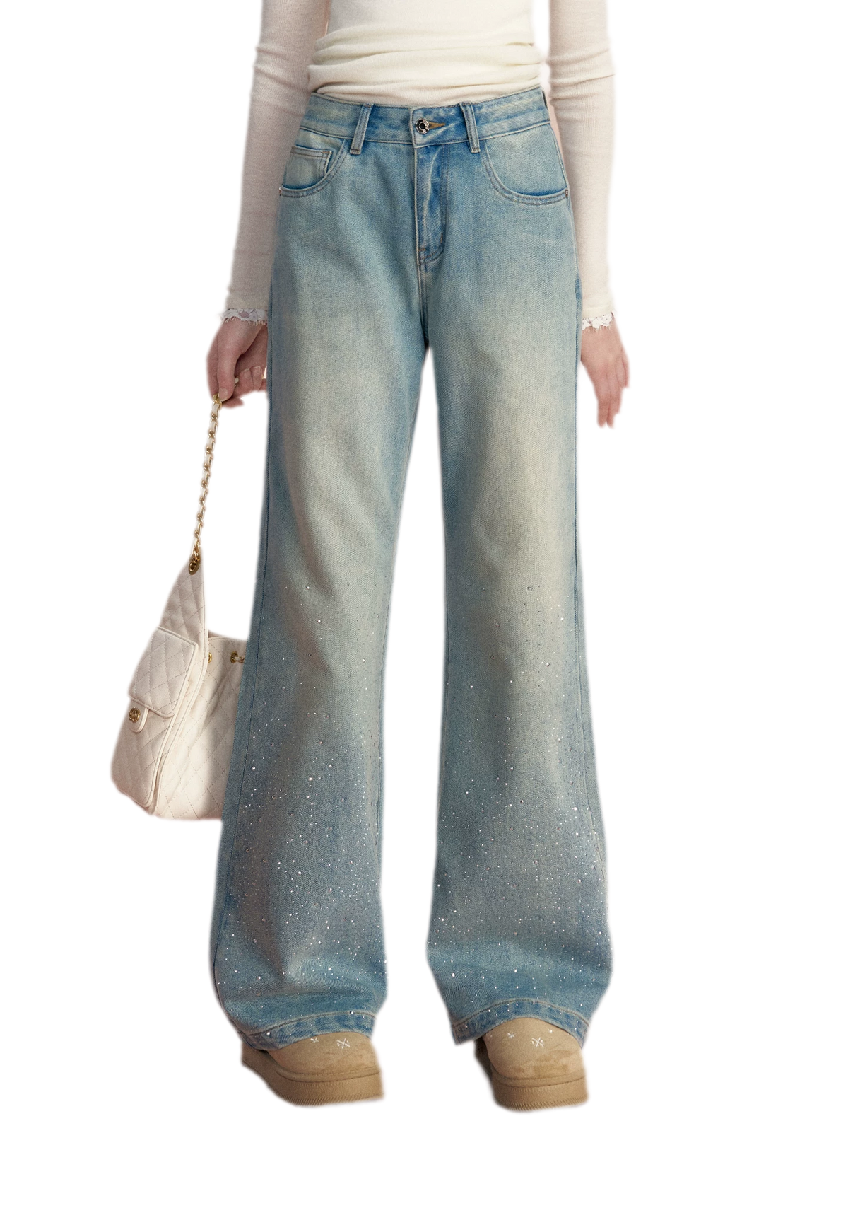 Embellished Fleece-Lined Wide-Leg Jeans