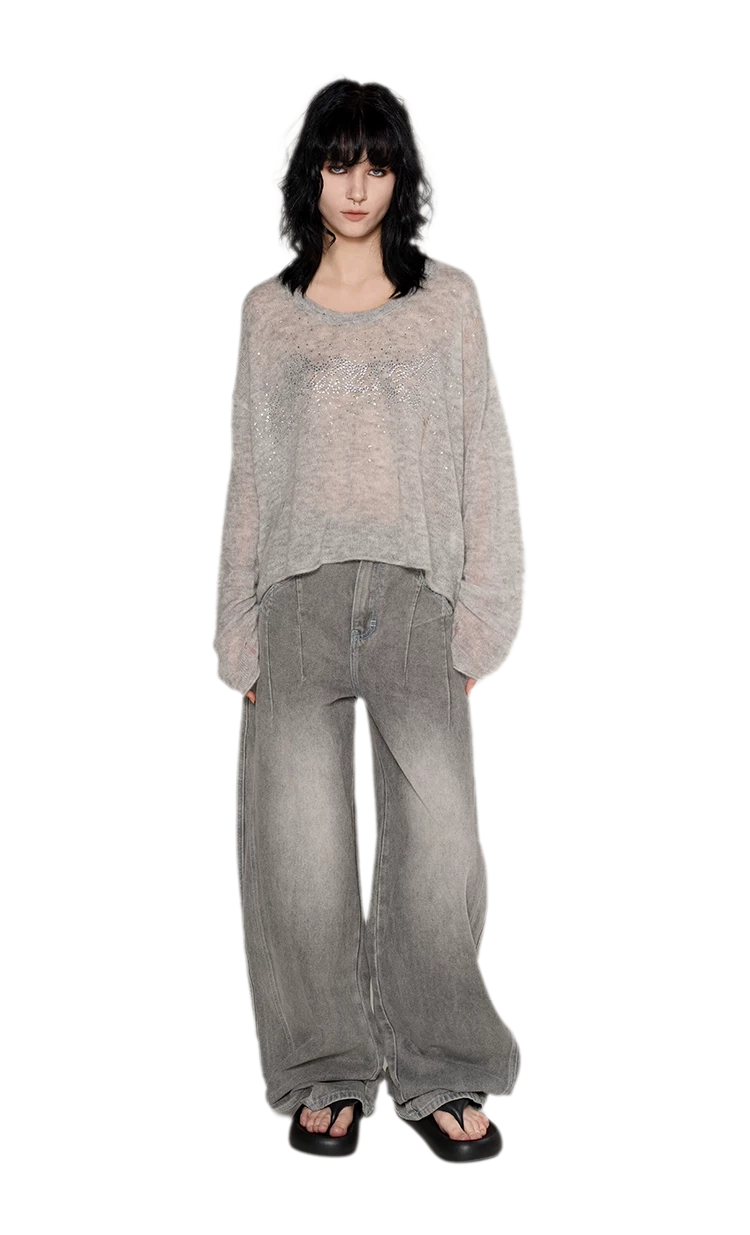 Pullover in mohair effetto consumato con strass