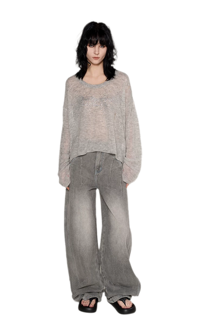 Pullover in mohair effetto consumato con strass