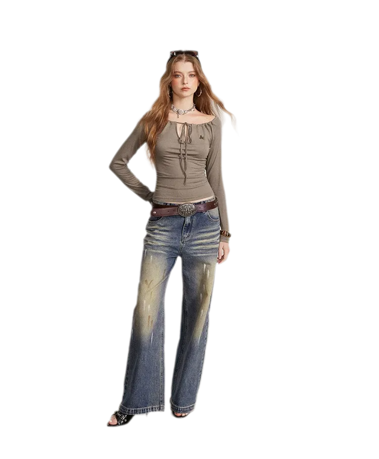 Drawstring Off-Shoulder Long-Sleeve Top