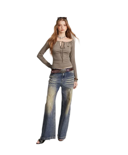 Drawstring Off-Shoulder Long-Sleeve Top