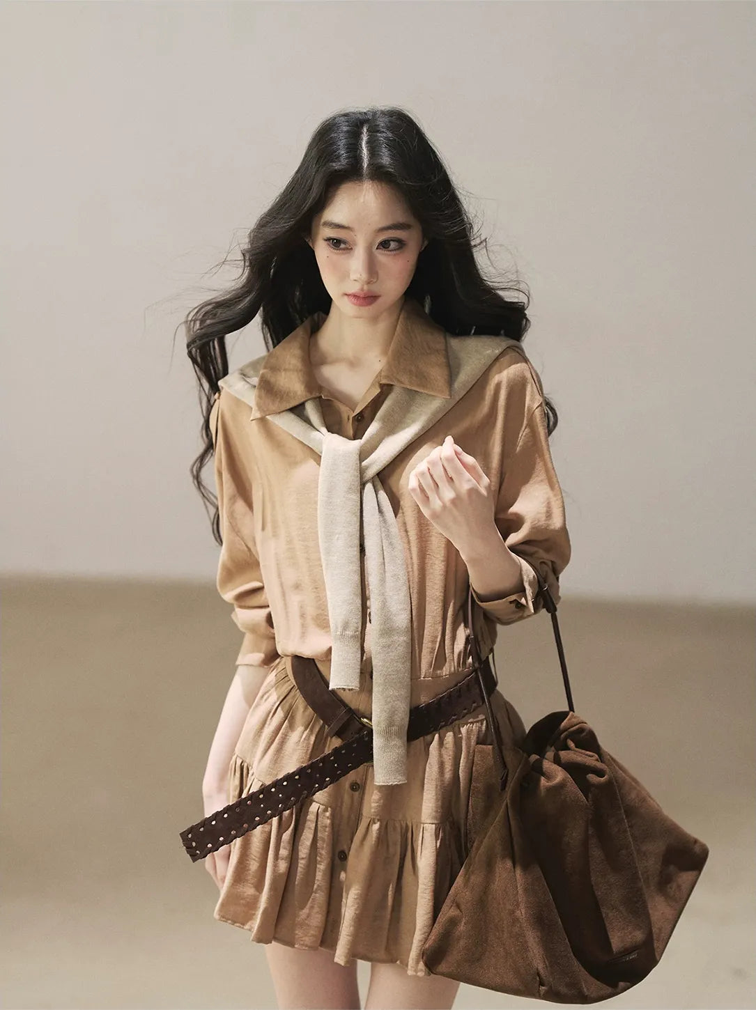 High-Waist Ruffle Shirt Dress