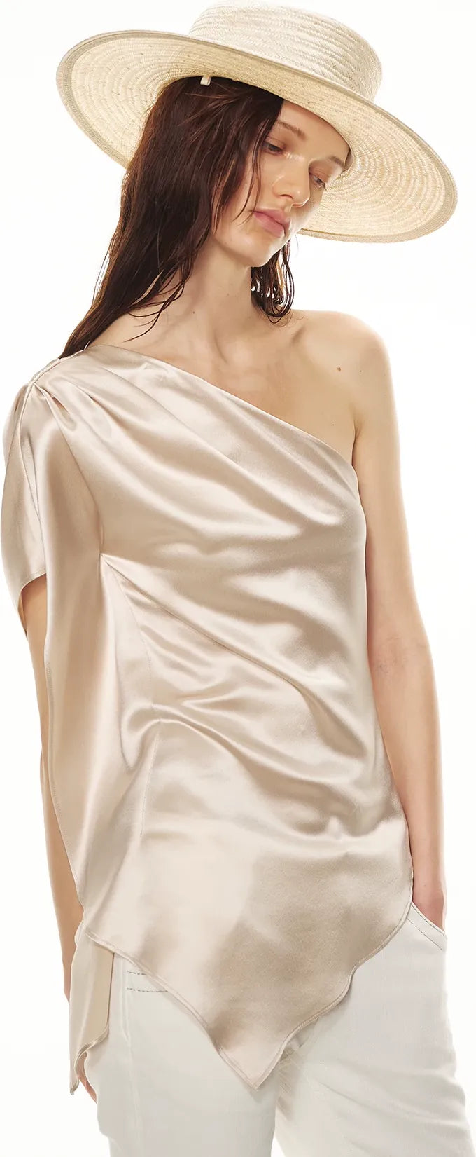 Asymmetric One-Shoulder Waist-Slimming Top in Apricot