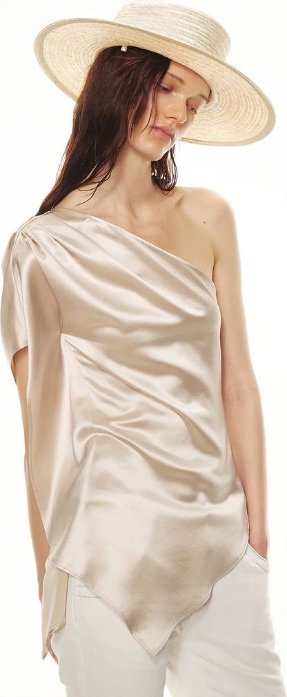 Asymmetric One-Shoulder Waist-Slimming Top in Apricot