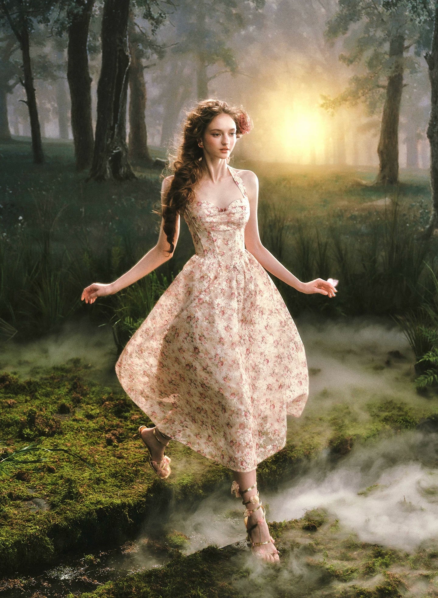 Forest Rose French Retro Floral Halter Long Dress
