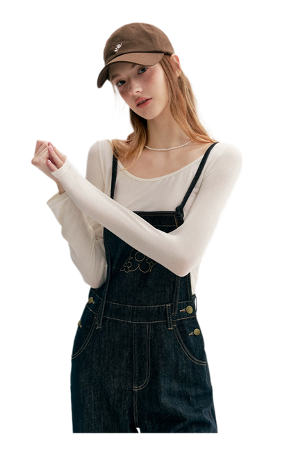 Contrast Floral Denim Overalls