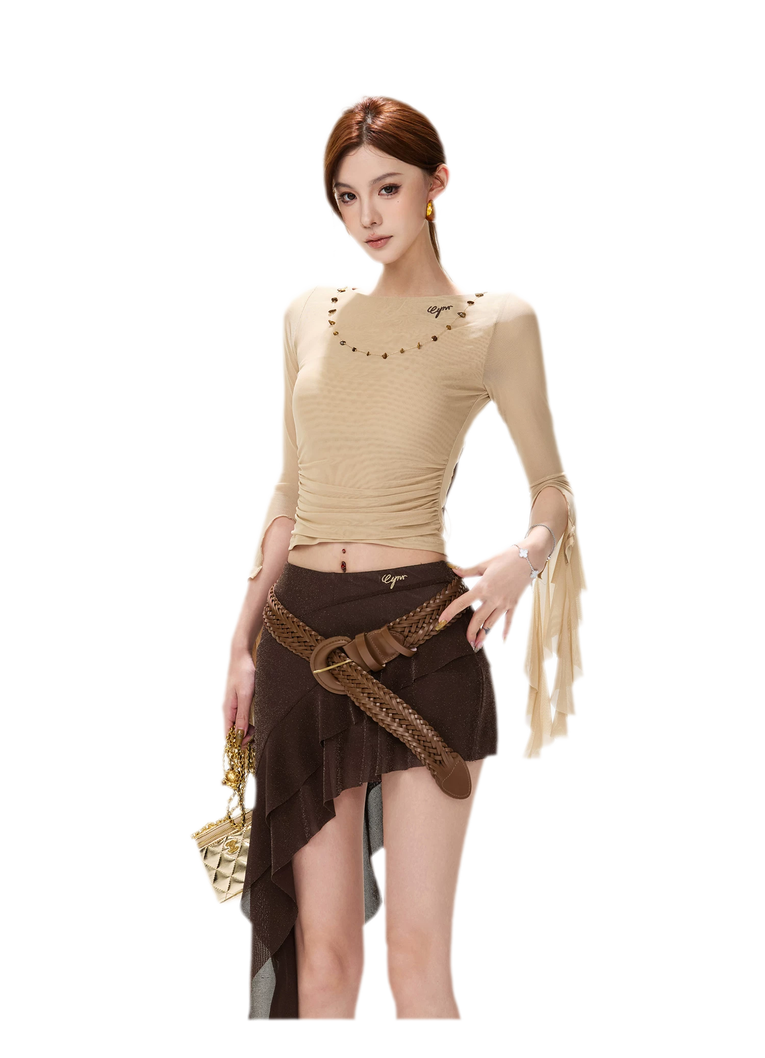 Ruched Mesh Boat-Neck Top
