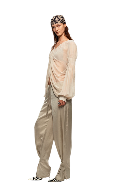 Pleated Bubble Sleeve Chiffon Blouse