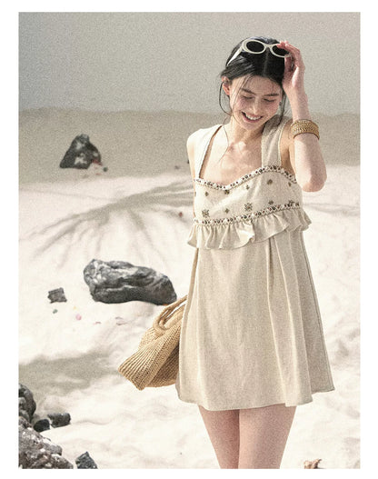 Sunlit Wheat Field Lace Strap Dress