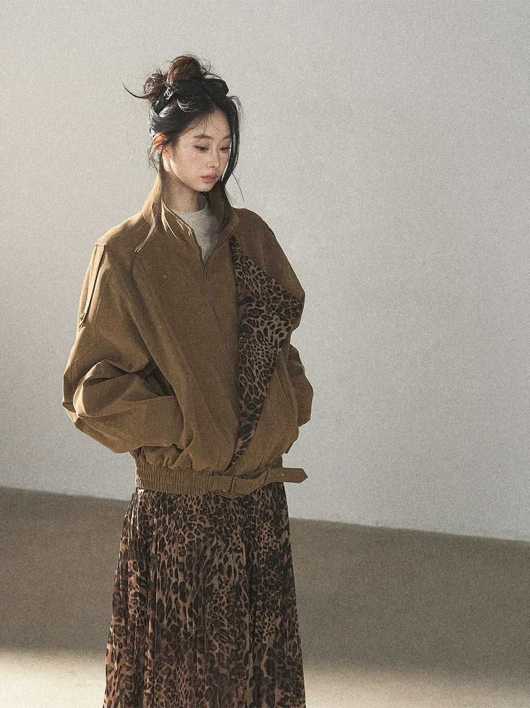 Matte Suede Leopard Bomber Jacket