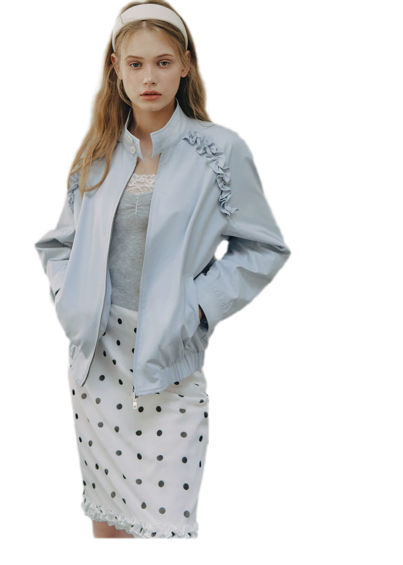Ruffled Stand Collar Harrington Jacket