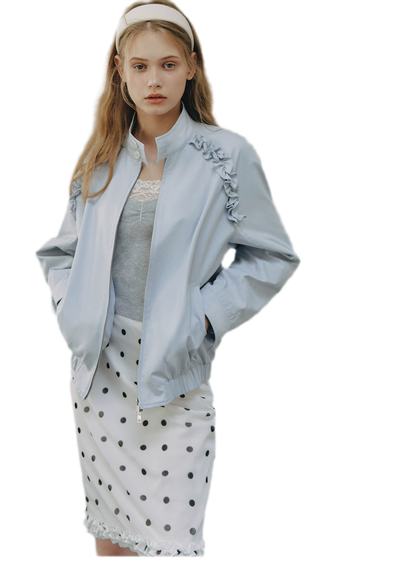 Ruffled Stand Collar Harrington Jacket