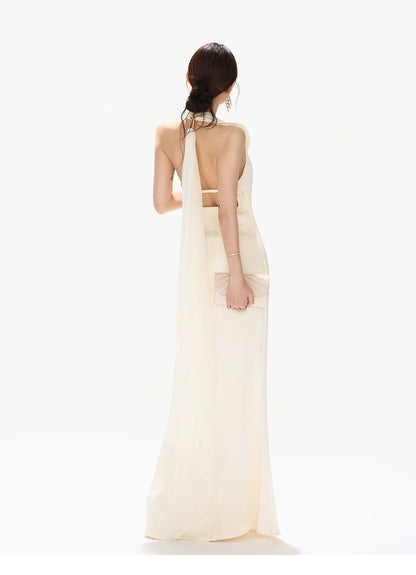 Halterneck Draped Satin Long Dress with Side Slit