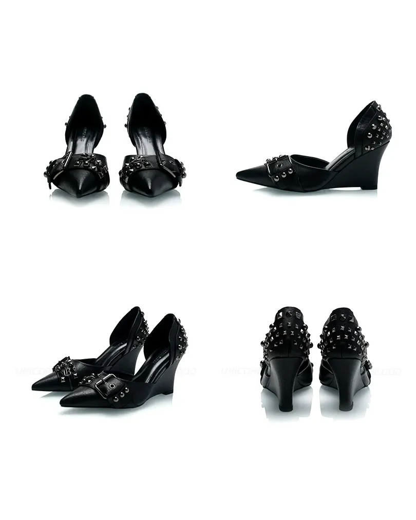 Studded Pointed-Toe Wedge Heels