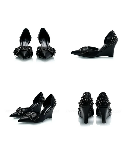 Studded Pointed-Toe Wedge Heels