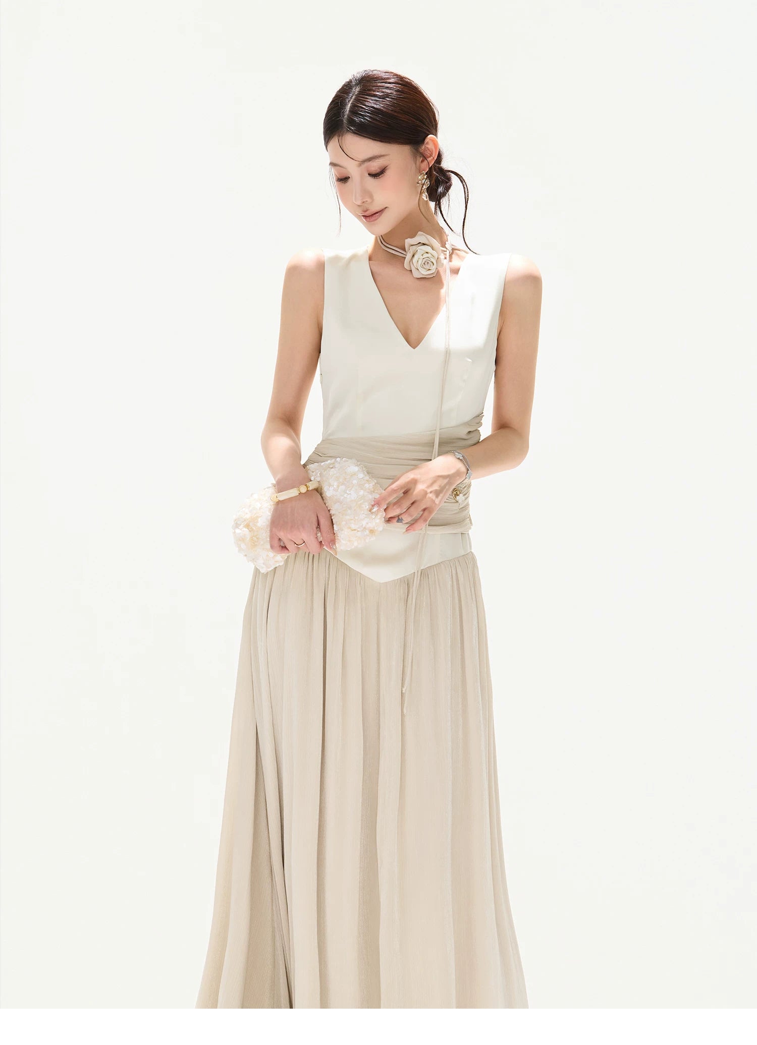 French Style Colorblock Pleated Satin V-Neck Dress