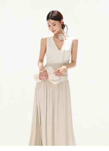 French Style Colorblock Pleated Satin V-Neck Dress