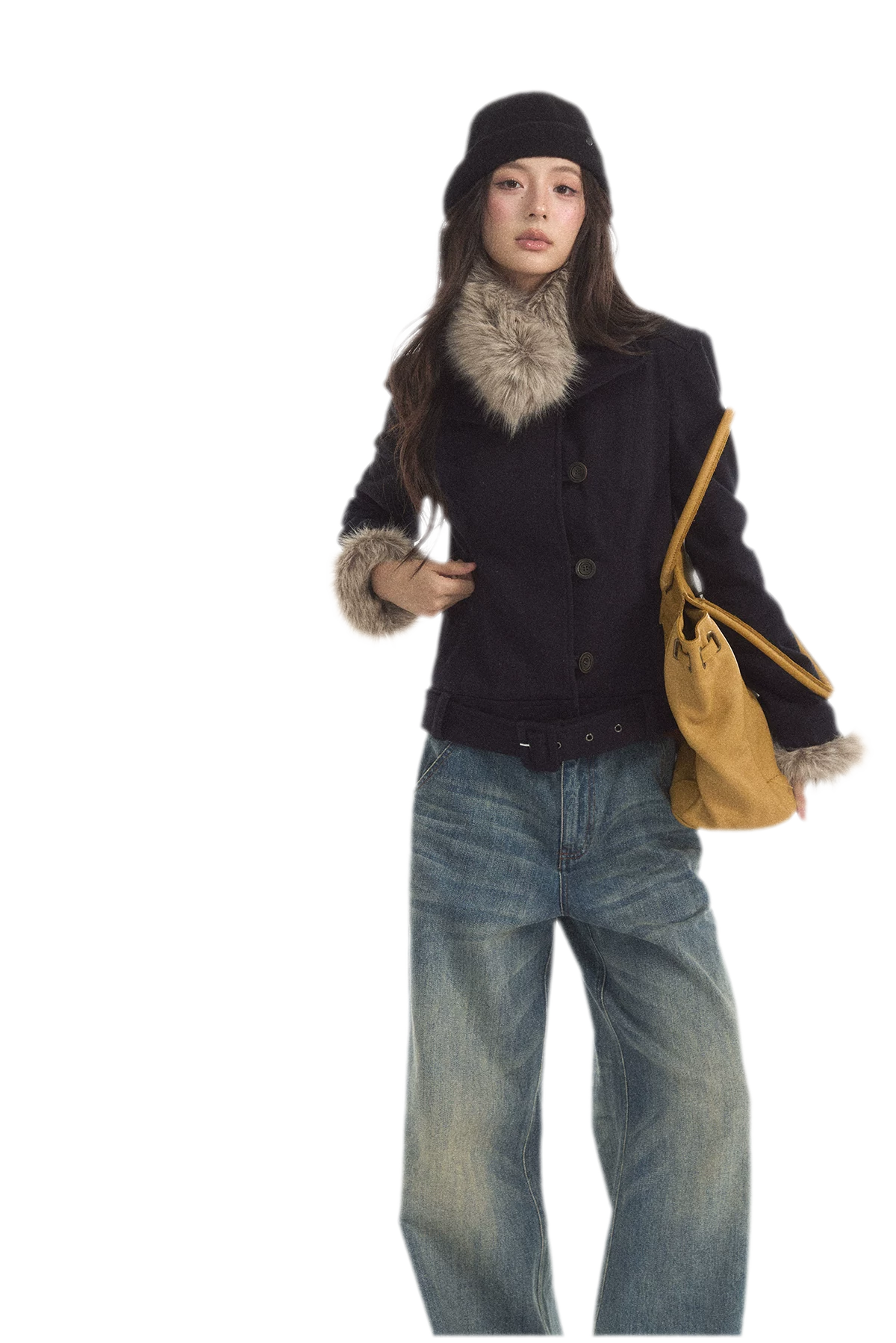 Detachable Fur Collar Twill Coat