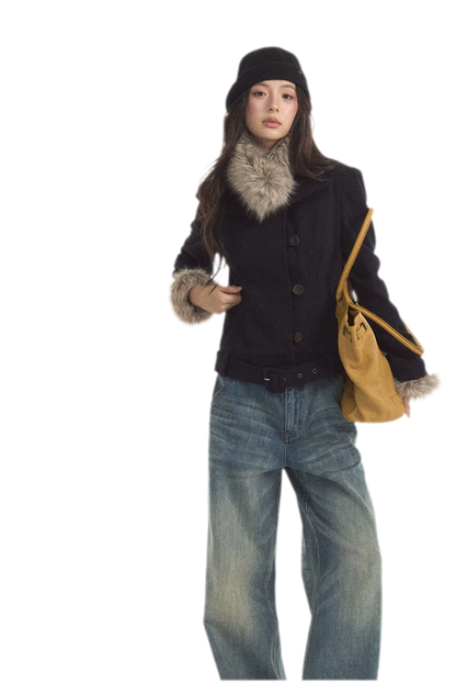 Detachable Fur Collar Twill Coat