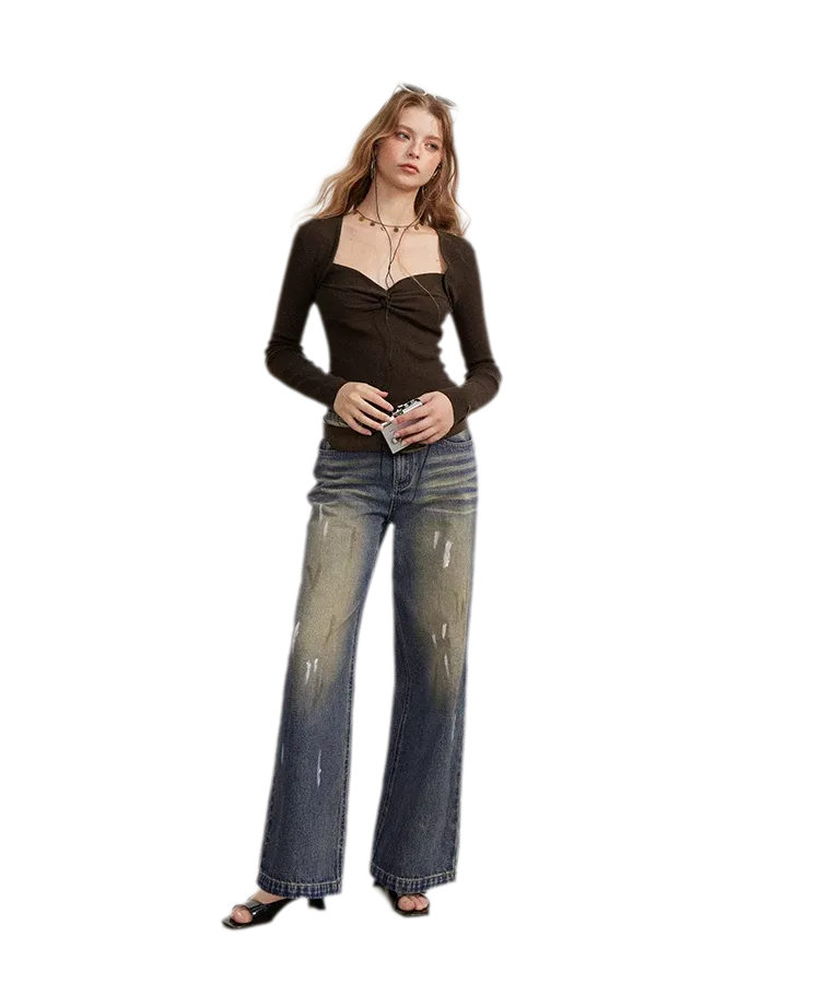 Washed Paint-Splatter Wide-Leg Jeans