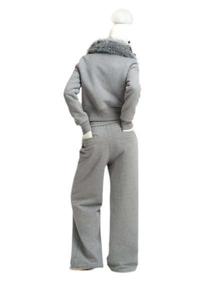 Conjunto de sudadera corta con cuello de pelo sintético