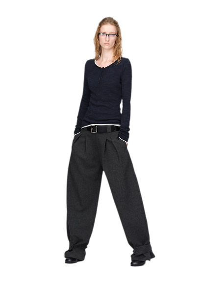 Pantalones de pierna ancha plisados con mezcla de lana