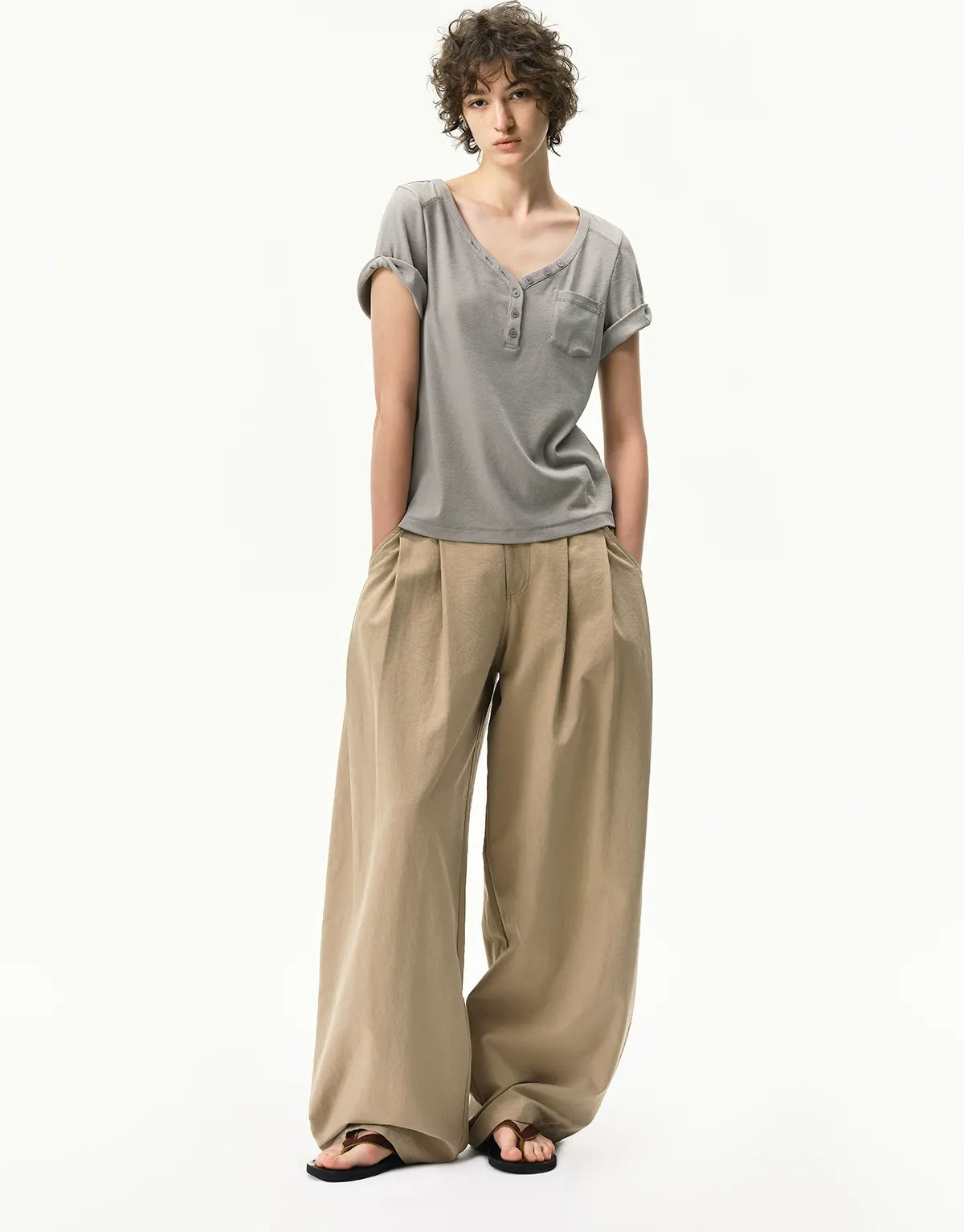 Curved Linen-Blend Pants