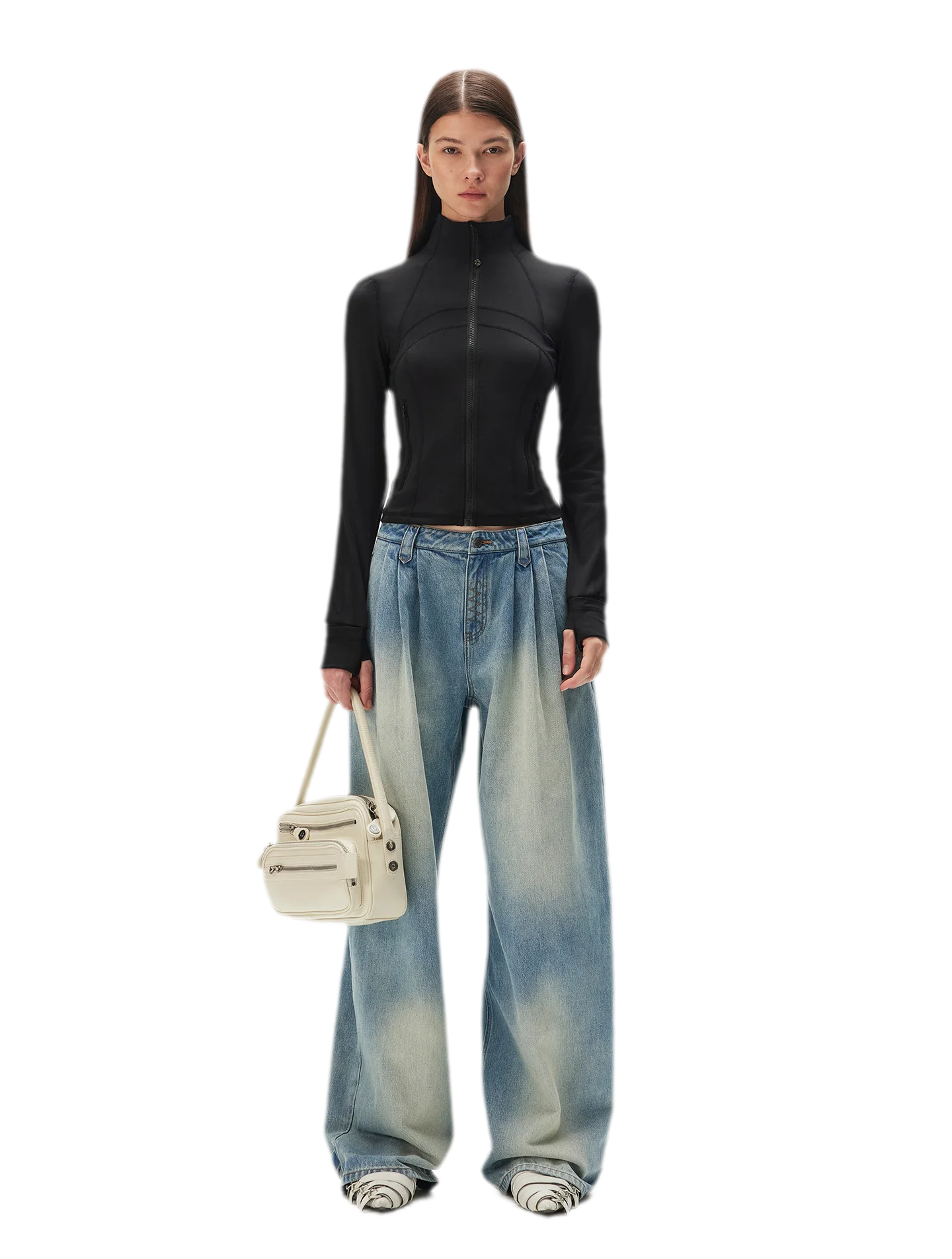 Washed Pleated Wide-Leg Jeans