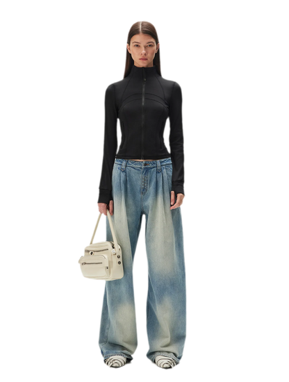 Washed Pleated Wide-Leg Jeans