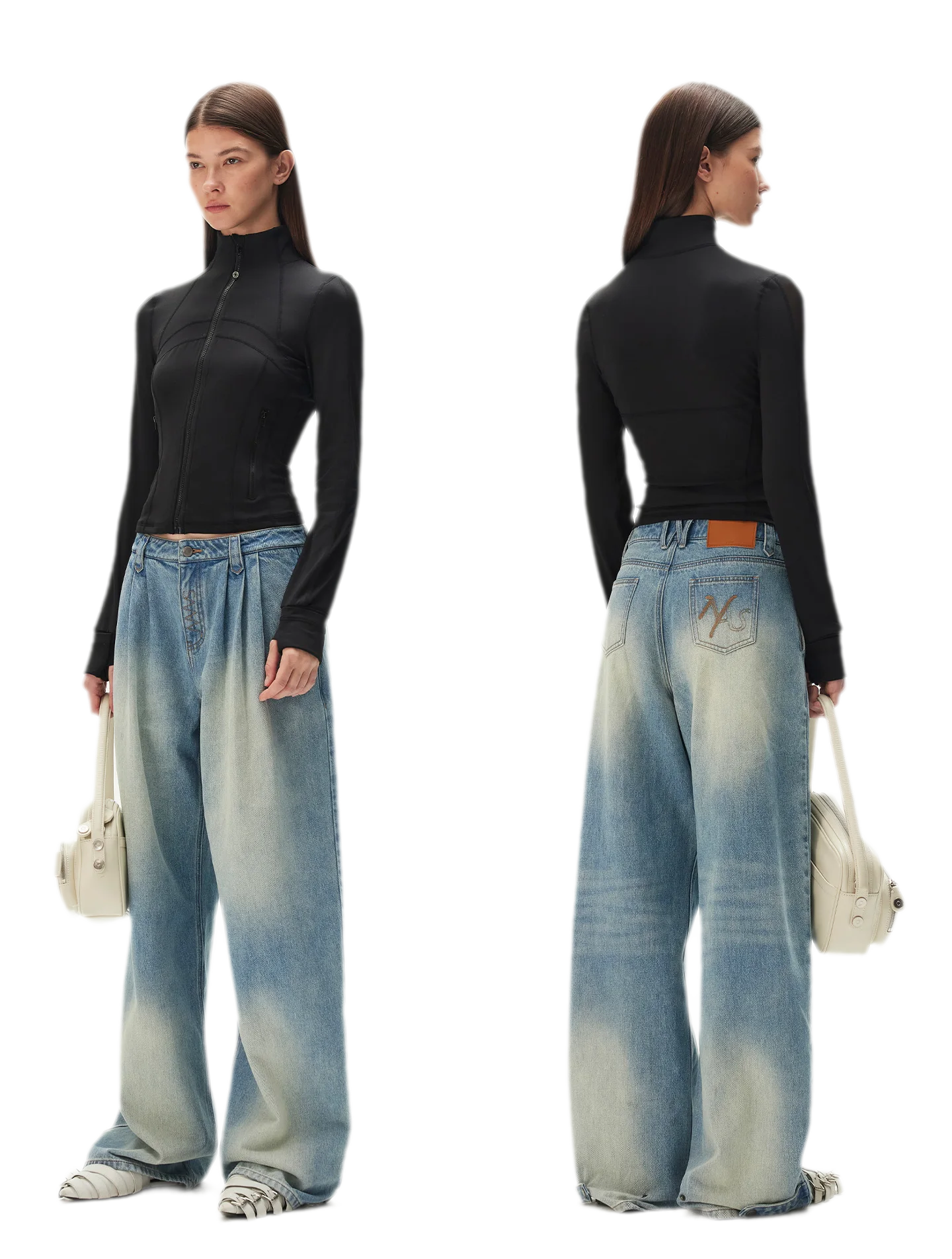 Washed Pleated Wide-Leg Jeans
