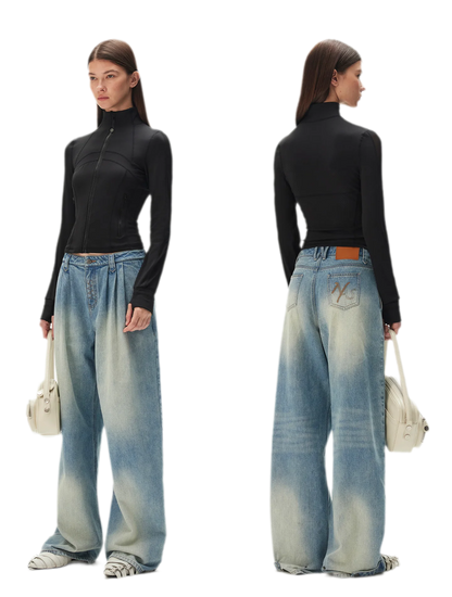 Washed Pleated Wide-Leg Jeans