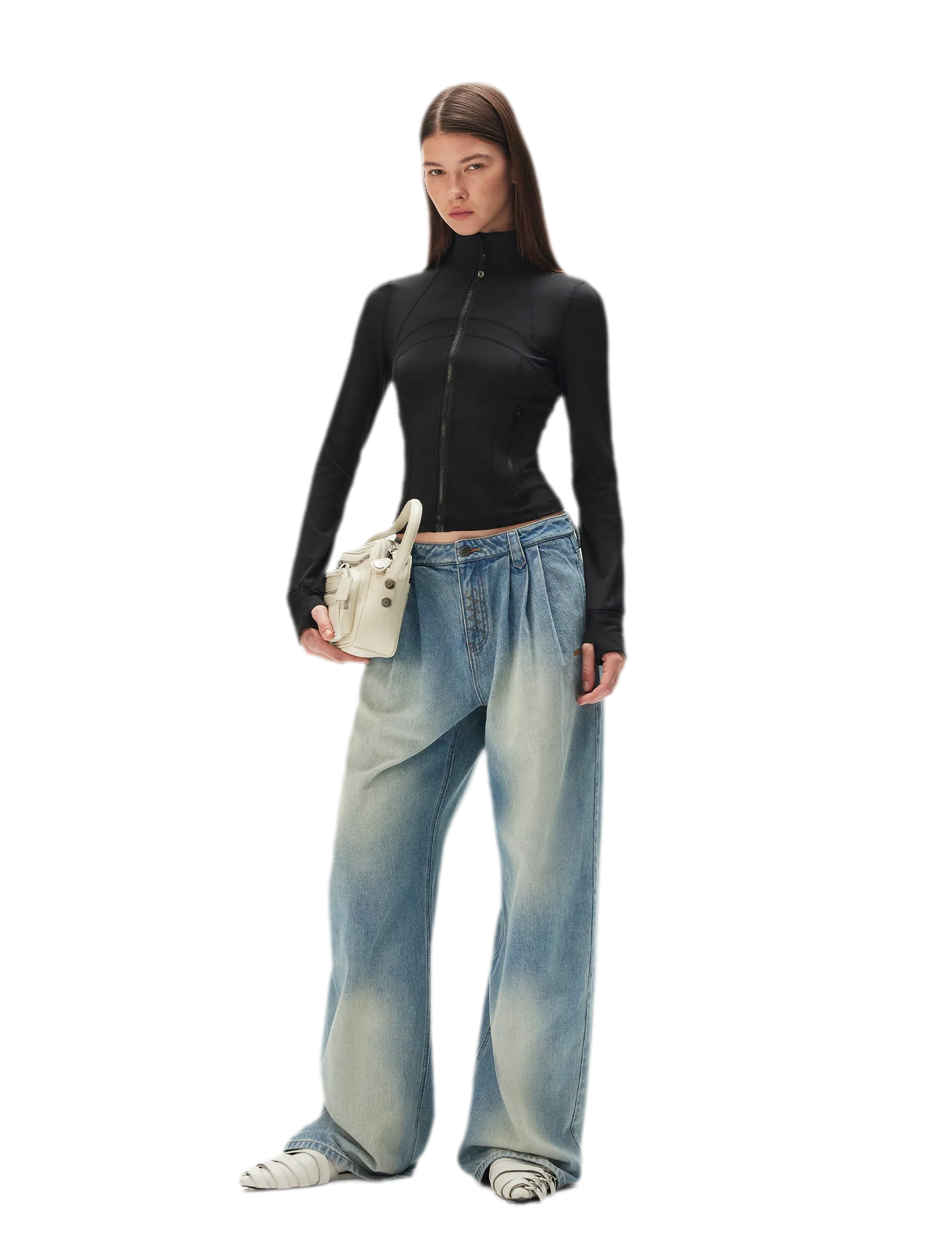 Washed Pleated Wide-Leg Jeans