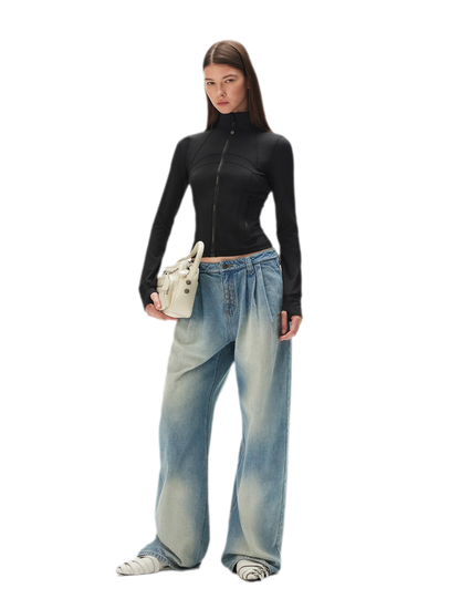 Washed Pleated Wide-Leg Jeans