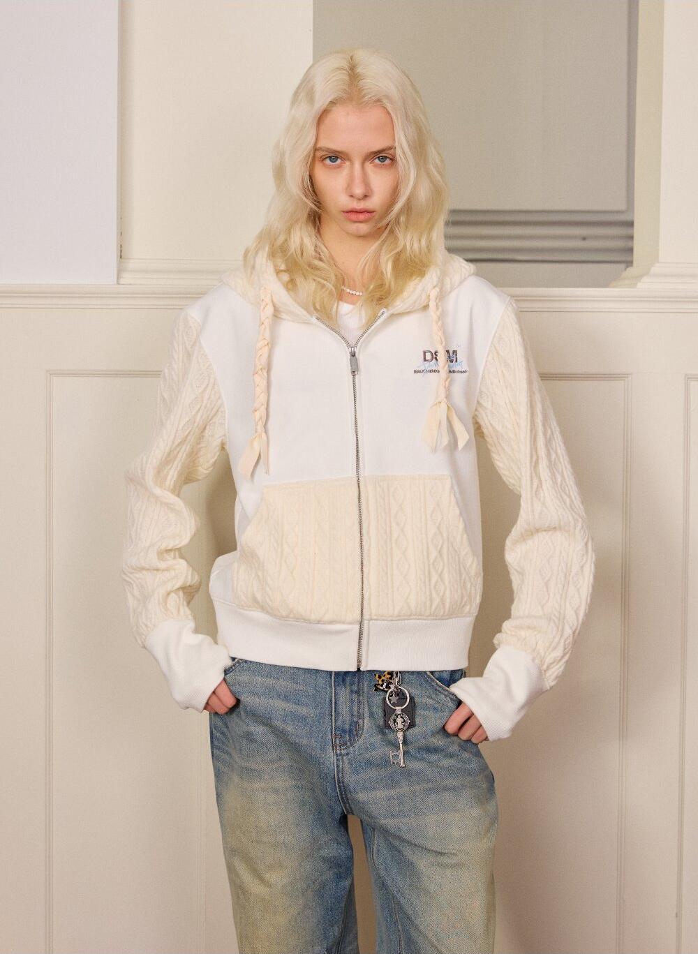 Cable-Knit Cropped Zip Hoodie