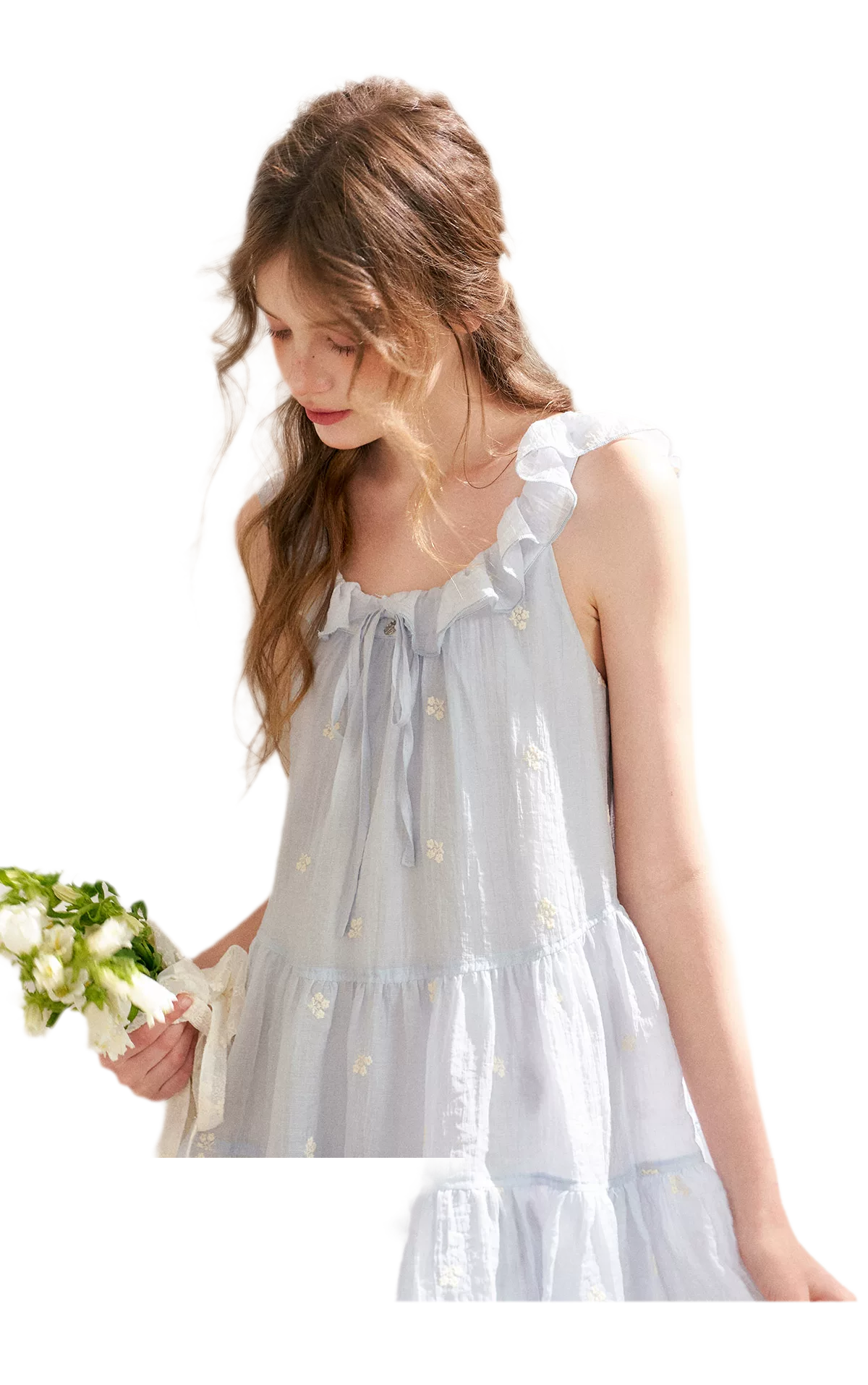 Tencel Embroidered Ruffle A-line Dress