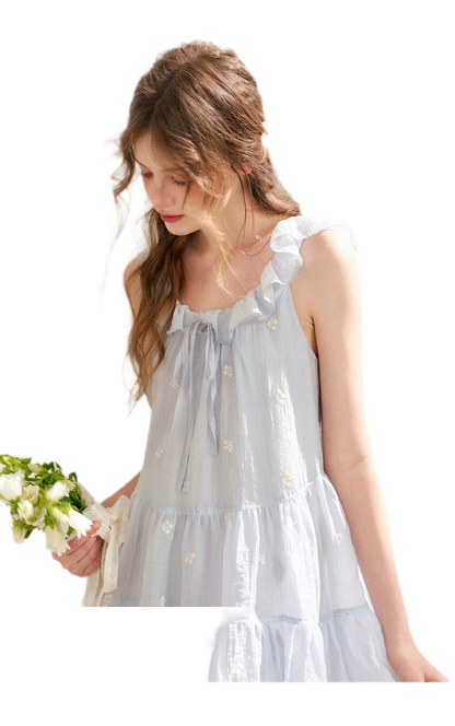 Tencel Embroidered Ruffle A-line Dress