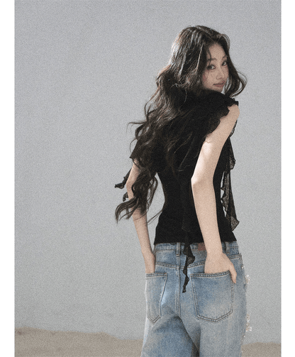 Lace One-Shoulder Crop Tee