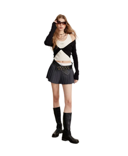 Contrast Pleated A-Line Mini Skirt