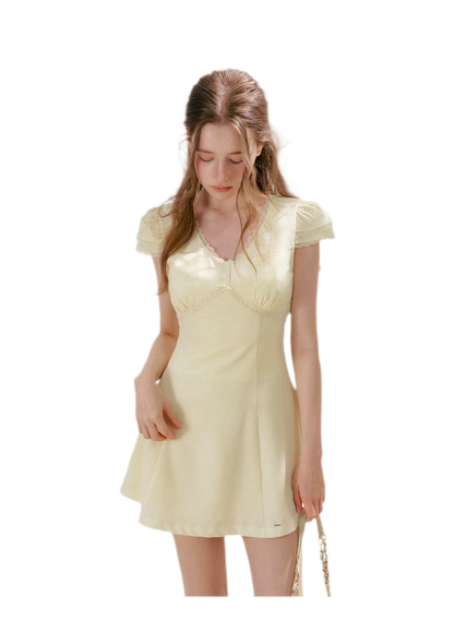 Lace V-Neck Short Sleeve A-Line Dress