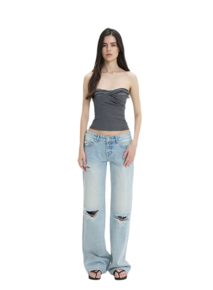 Washed Distressed Straight-Leg Jeans