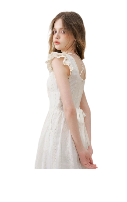 Embroidered Flutter Sleeve Dress