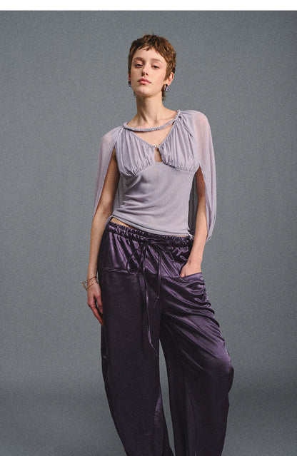 Satin Jogger Pants with Beaded Drawstring