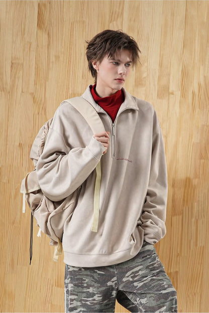 Faux Suede Oversize Polo Sweatshirt