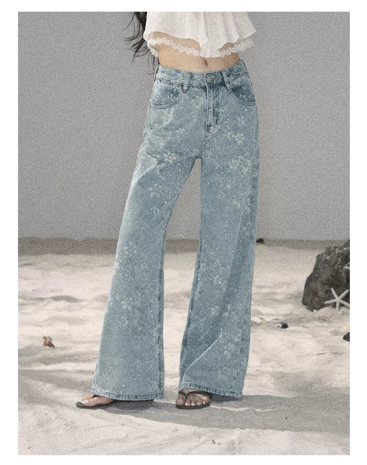 American Style Rhinestone Floral Denim Pants